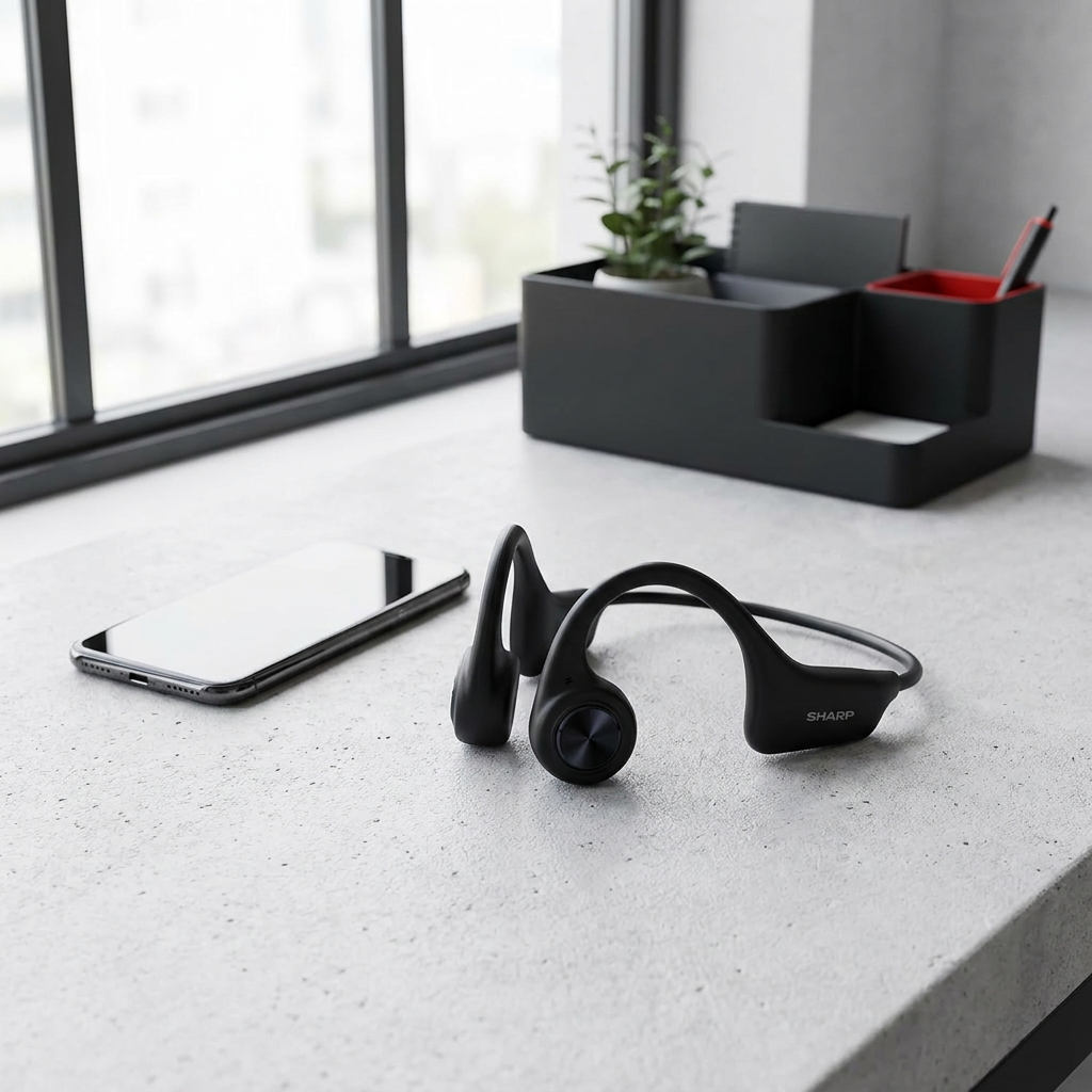 Sharp bone conduction headphones are on a grey concrete windowsill, next to a smartphone for size comparison. The background includes a black desk organizer with a red accent, perfectly matching the brand guide's minimalist, high-contrast style.