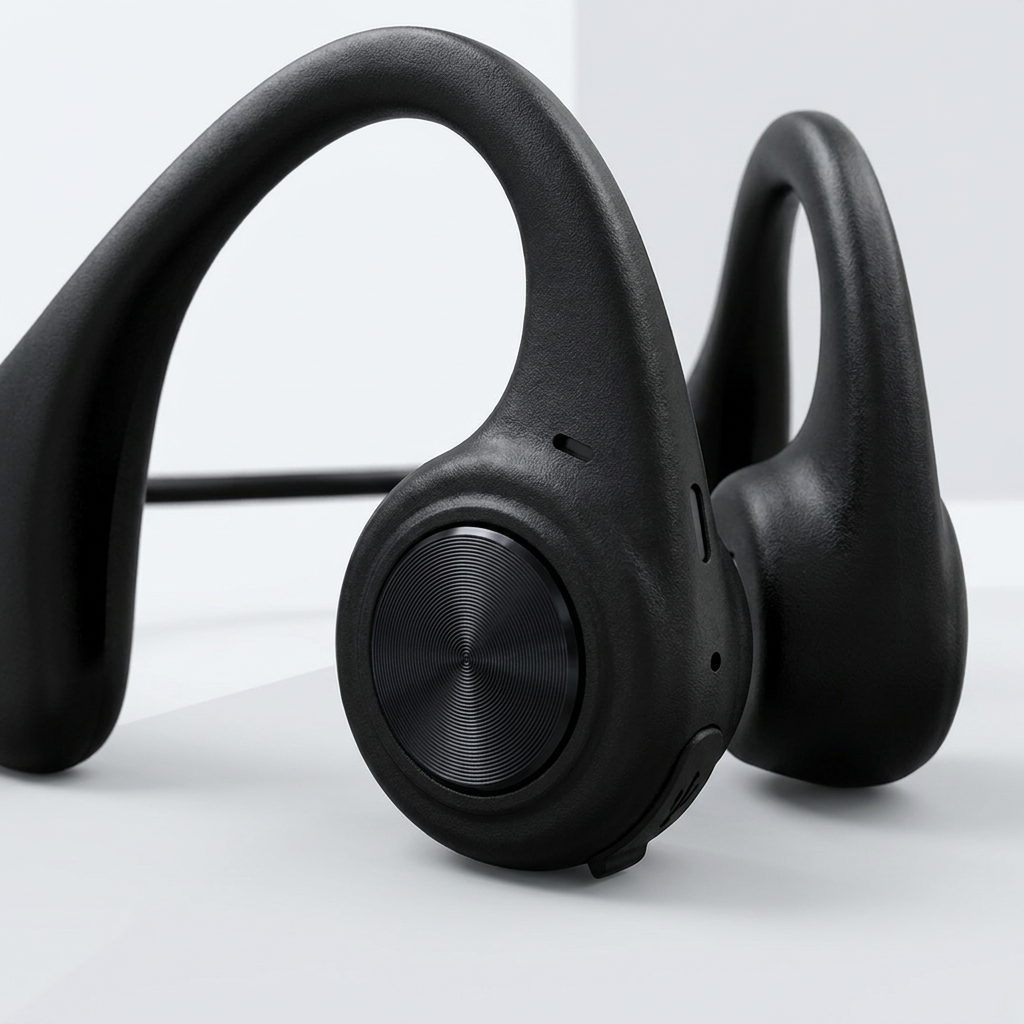 A detailed close-up of the right earpiece and multi-function button of the SHARP HP-BC55 bone conduction headphones, highlighting texture and precision.