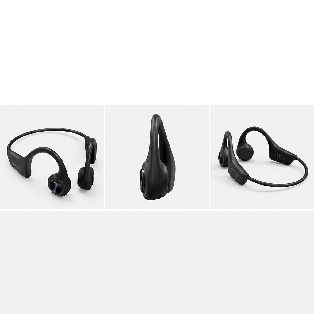 A three-panel grid showing the black Sharp HP-BC55 Bone Conduction headphones from different angles.