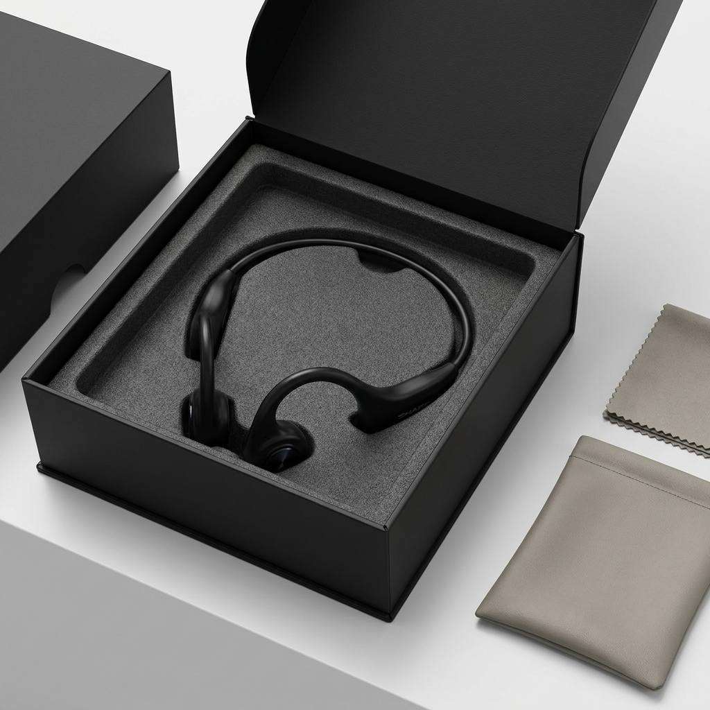 A premium unboxing showing SHARP HP-BC55 bone conduction headphones securely nestled in a custom protective foam insert within a high-quality rigid black box, accompanied by a microfiber cloth and pouch.