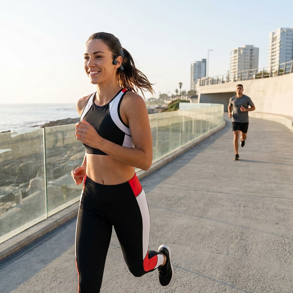A woman smiles while running on an oceanfront path, wearing Sharp HP-BC55 bone conduction headphones. Her black, white, and red athletic gear aligns with the brand's minimalist and high-contrast color palette. A male runner is in the background.