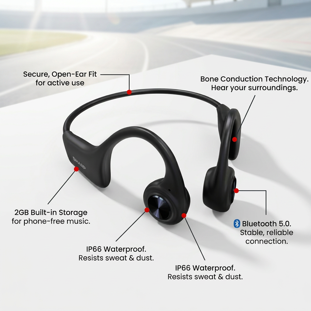 SHARP HP-BC55 bone conduction headphones with feature callouts for waterproof, storage, and secure fit.