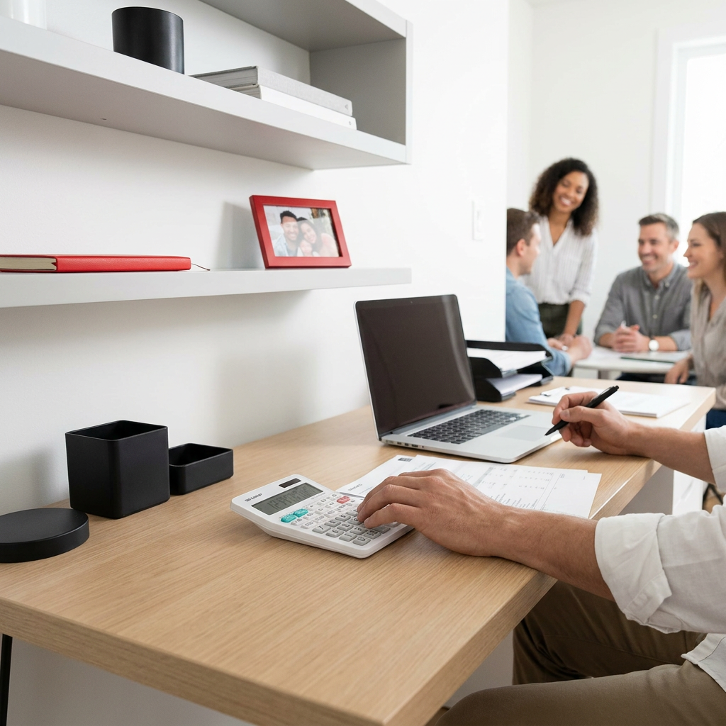 A person's hand operates the white Sharp EL330W calculator on a wooden desk in a modern office, with a laptop, papers, and a group of colleagues meeting in the background.