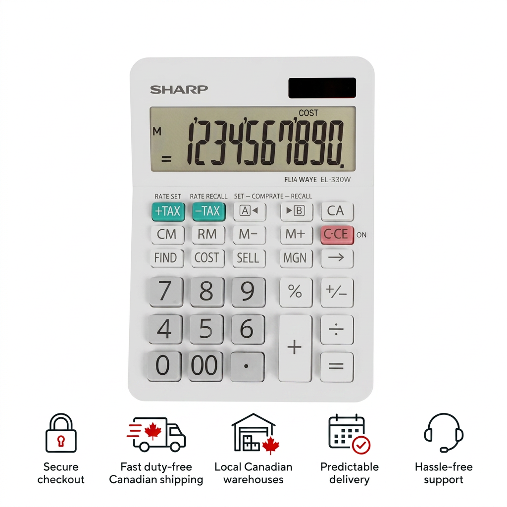 Sharp EL330W calculator infographic with trust icons: secure checkout, fast Canadian shipping, local warehouses, predictable delivery, and hassle-free support.