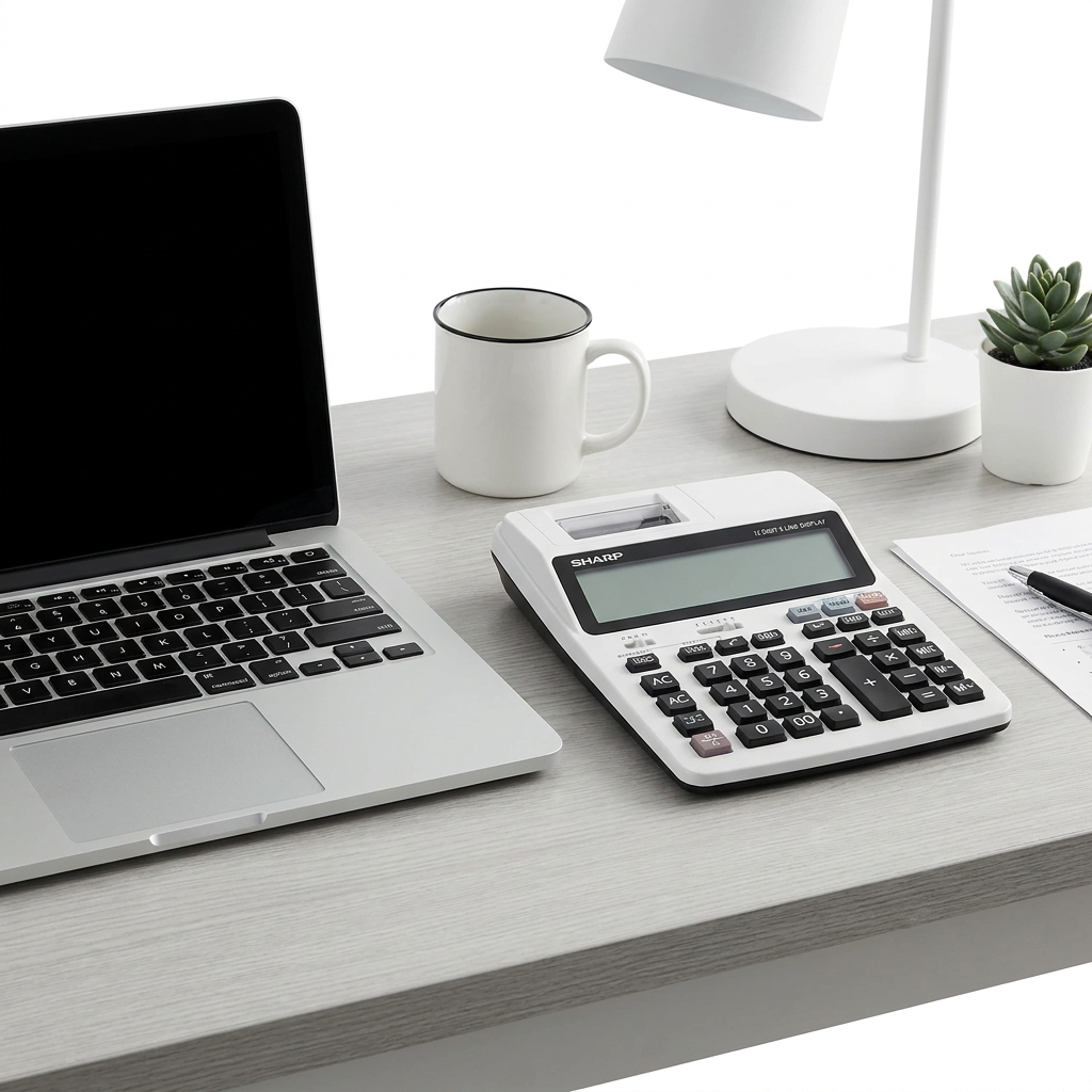 A white and black SHARP ELDP9001 printing calculator is shown on a light wood desk next to a silver laptop and a white coffee mug, providing scale.
