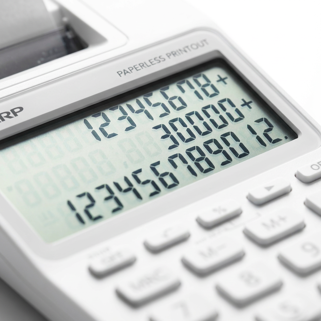 A detailed close-up photograph of the Sharp ELDP9001 calculator's digital screen, emphasizing the "PAPERLESS PRINTOUT" text and the clear, large display of numbers. The image highlights the material quality and readability of the display.