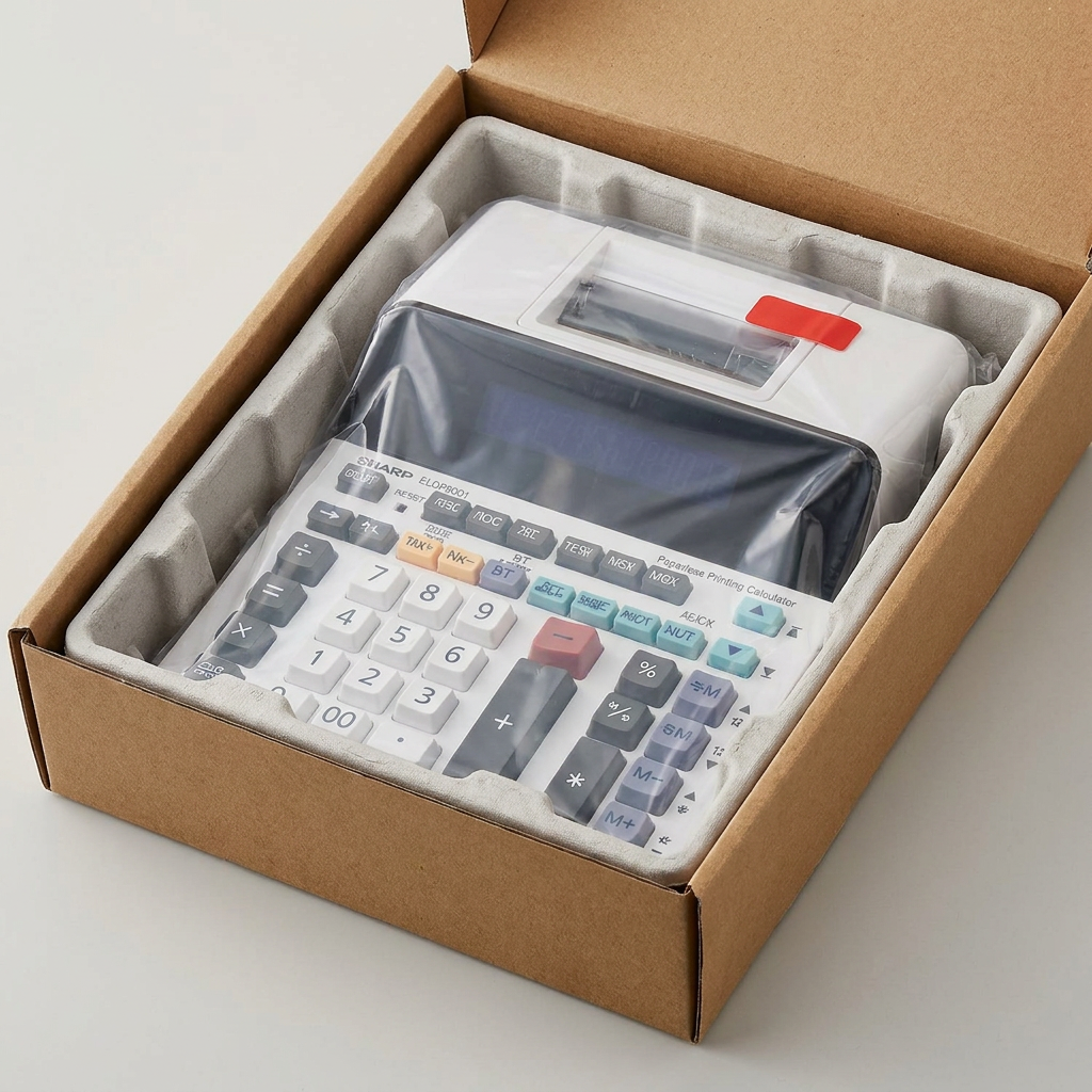 The SHARP ELDP9001 calculator inside its protective molded pulp packaging, which is within a cardboard shipping box.