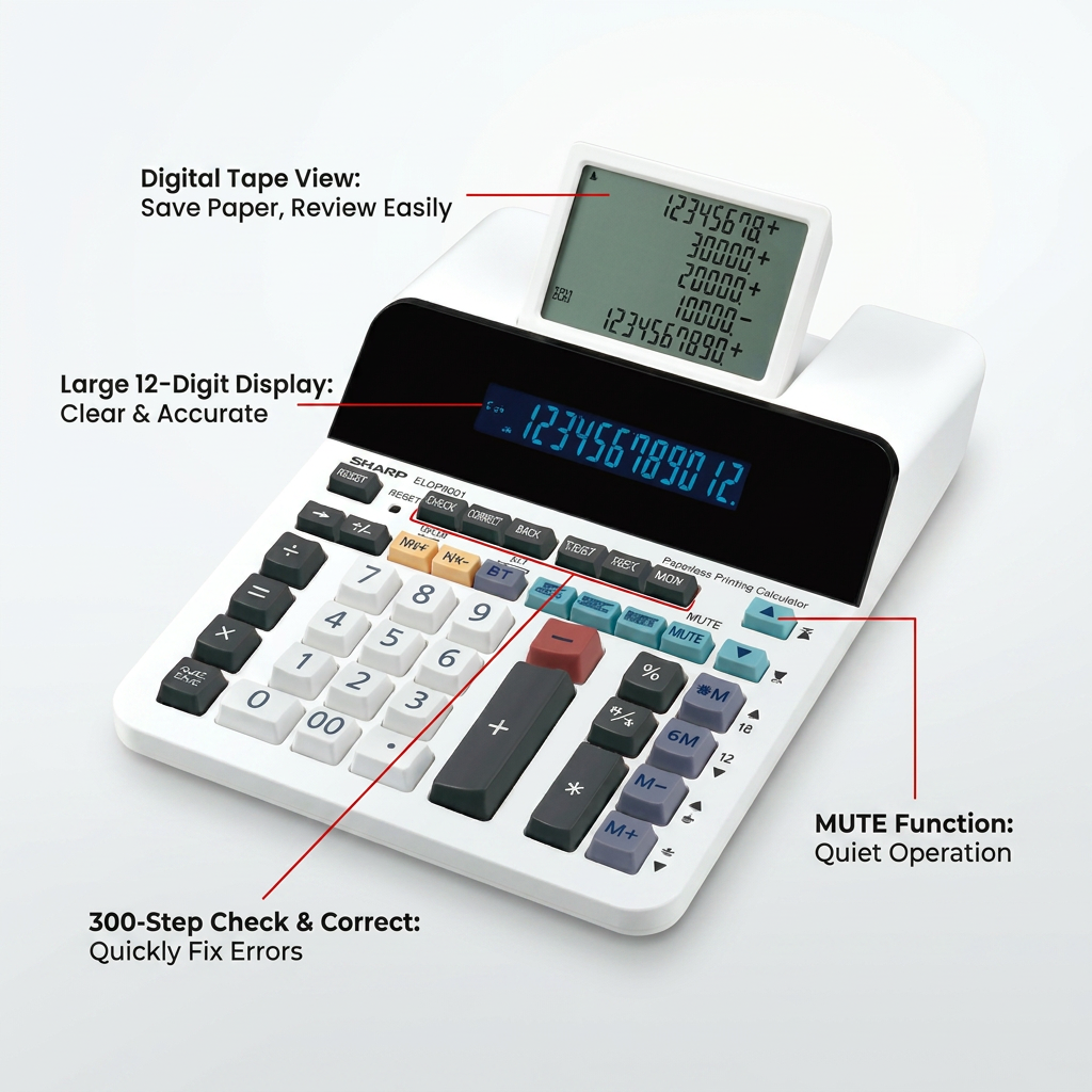 A polished ecommerce feature graphic for the Sharp ELDP9001, with text callouts and pointers detailing "Digital Tape View", "Large 12-Digit Display", "MUTE Function", and "300-Step Check & Correct" and their benefits.