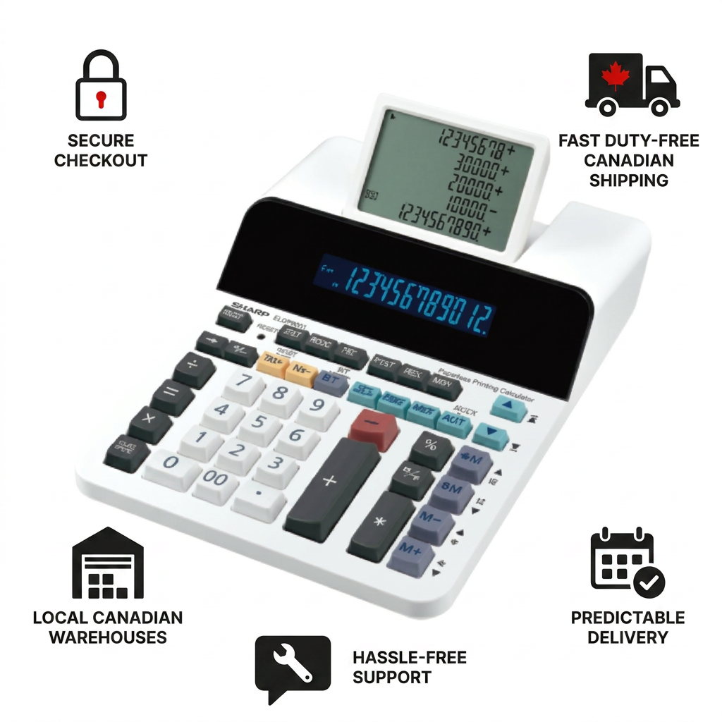 A clean ecommerce trust infographic featuring the SHARP ELDP9001 calculator in the center. Five simple black icon-style elements with text surround the product: "SECURE CHECKOUT" with a padlock, "FAST DUTY-FREE CANADIAN SHIPPING" with a truck and maple leaf, "LOCAL CANADIAN WAREHOUSES" with a warehouse icon, "PREDICTABLE DELIVERY" with a calendar and checkmark, and "HASSLE-FREE SUPPORT" with a chat bubble and wrench. All text is in dark charcoal on a pure white background, aligning with the brand guide.