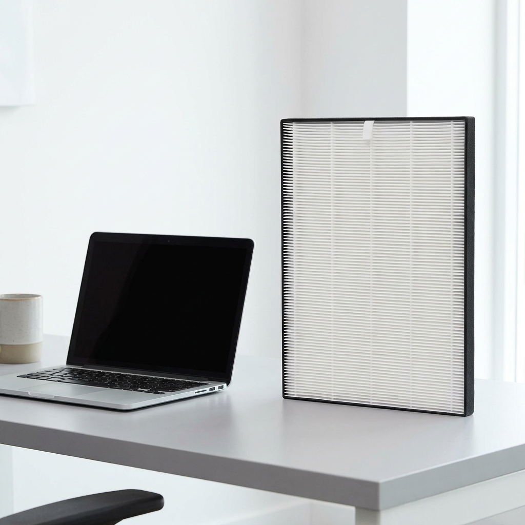 The Sharp FZP11HFU True HEPA Replacement Filter is shown standing upright on a modern white desk next to an open laptop. The filter's black frame and white pleated material are prominent against the clean, well-lit background. The laptop provides an excellent size reference for the filter.