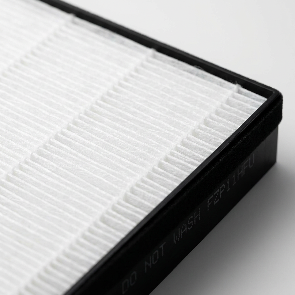 A detailed macro inspection of the Sharp FZP11HFU True HEPA Replacement Filter, showing the texture of the pleated white filter material and the black frame with "DO NOT WASH FZP11HFU" text.