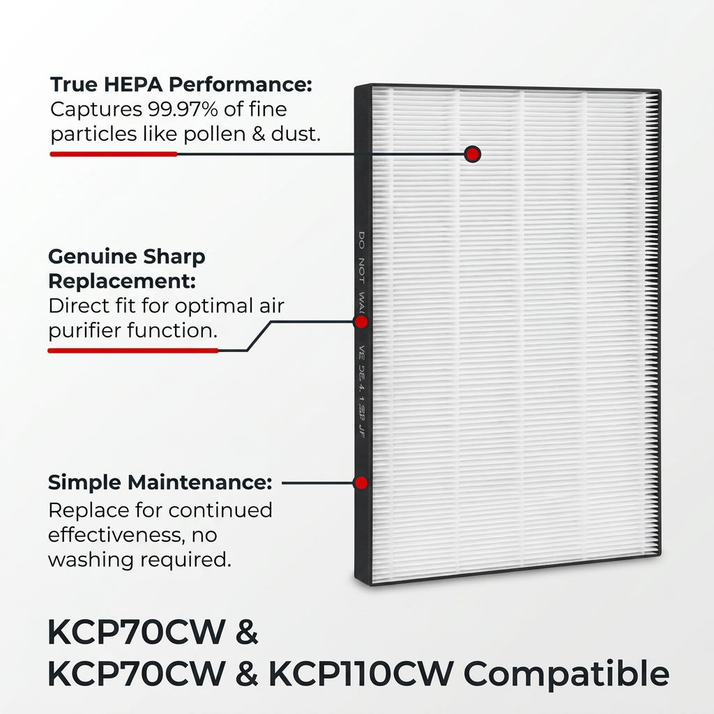 A white rectangle Sharp HEPA filter is on a light grey background with three red points and a red line pointing to descriptions like "True HEPA Performance: Captures 99.97% of fine particles like pollen & dust.", "Genuine Sharp Replacement: Direct fit for optimal air purifier function.", and "Simple Maintenance: Replace for continued effectiveness, no washing required.". Below them, the titles "KCP70CW & KCP70CW & KCP110CW Compatible" are written in black.