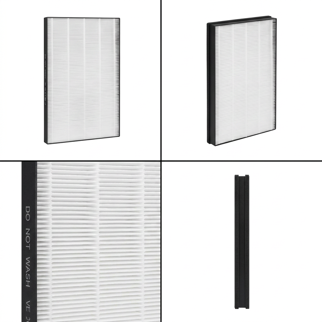 A 2x2 grid PDP visual matrix showing the Sharp FZP11HFU True HEPA Replacement Filter from four useful angles: front, angled, close-up measuring, and side profile.