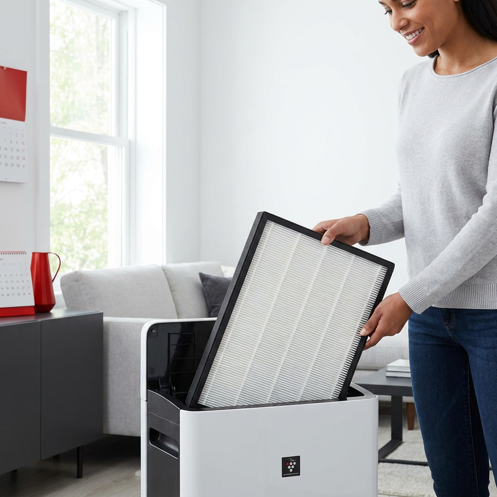 A woman smiles as she inserts a SHARP FZP11HFU True HEPA replacement filter into a Sharp air purifier unit in a bright, modern home setting with natural light.