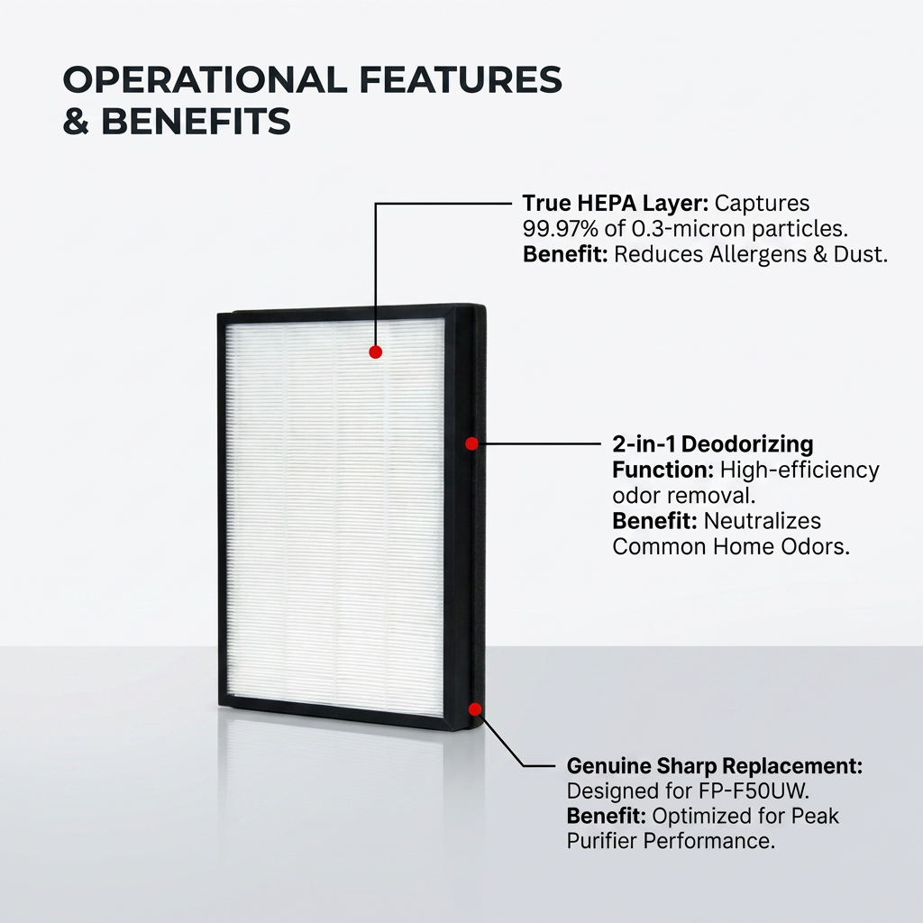 Sharp FZ-F50HFU replacement filter infographic showcasing its True HEPA and 2-in-1 deodorizing operational features and benefits with clean pointer lines on a light gray background.