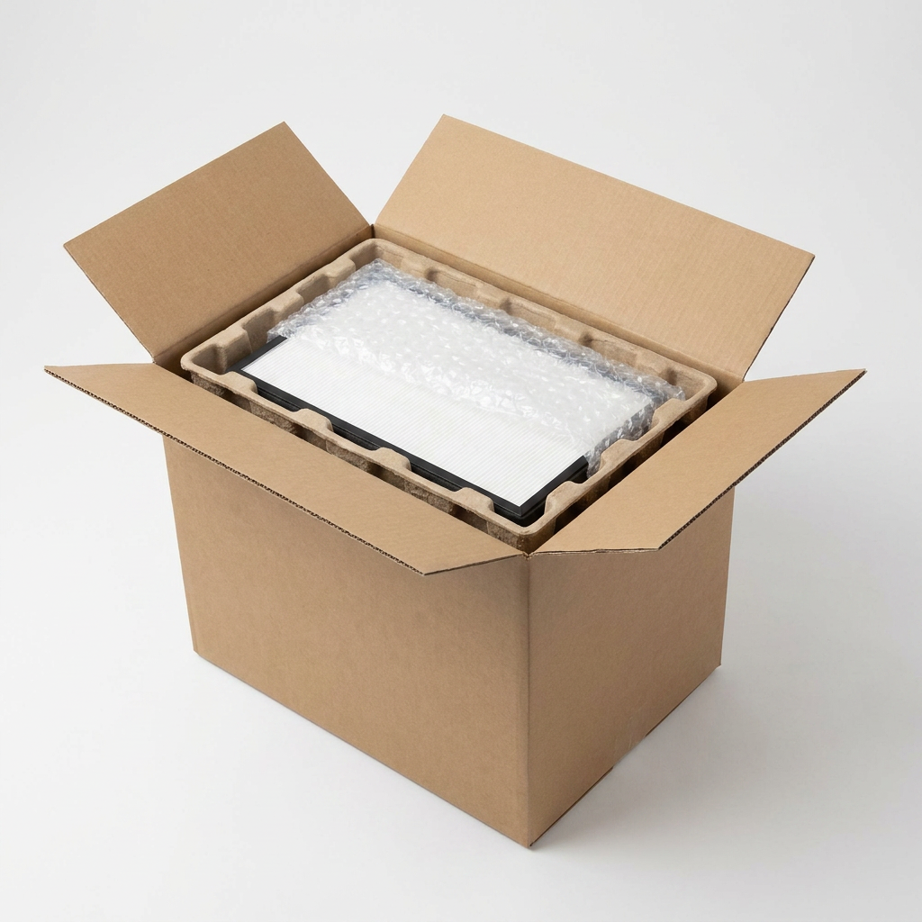 A cardboard shipping box is open, revealing the Sharp FZ-F50HFU True HEPA filter securely nestled in a molded pulp tray and covered with thick bubble wrap, ensuring safe delivery.