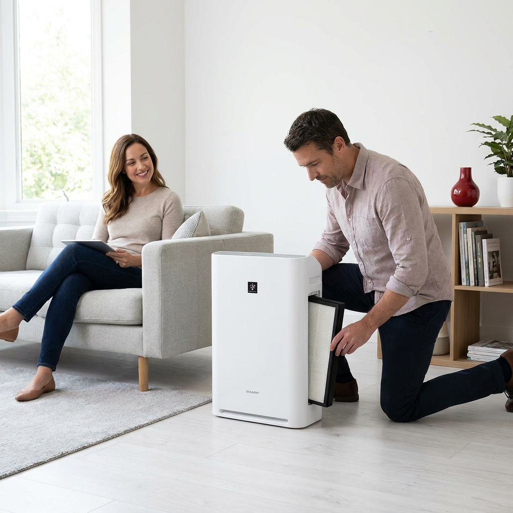 A couple in a modern home, with a man replacing the black-framed HEPA filter (FZF50HFU) into a Sharp FP-F50UW air purifier.