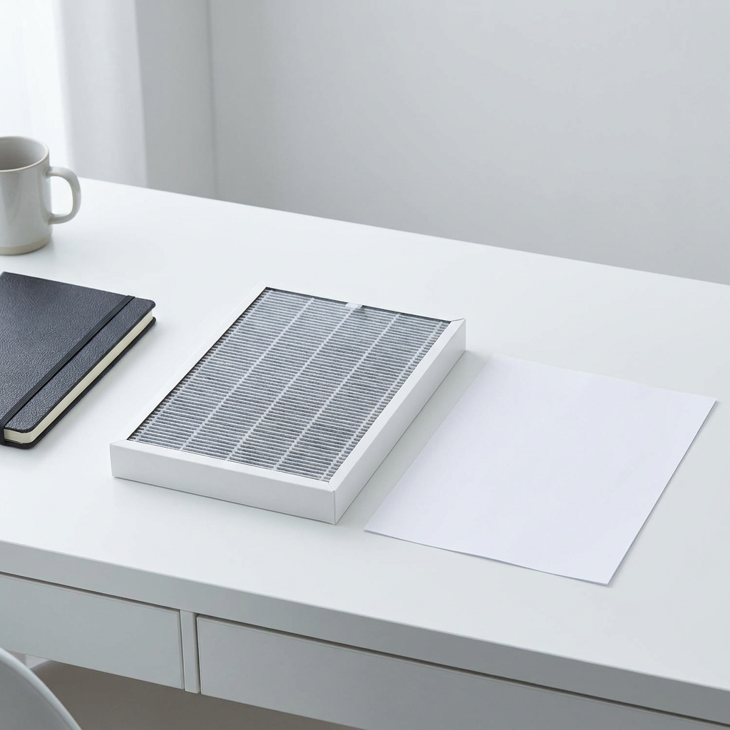 A SHARP KC-860U replacement HEPA filter (FZC150HFU) sits on a minimalist white desk next to a standard A4 sheet of paper for scale comparison, showing its size.