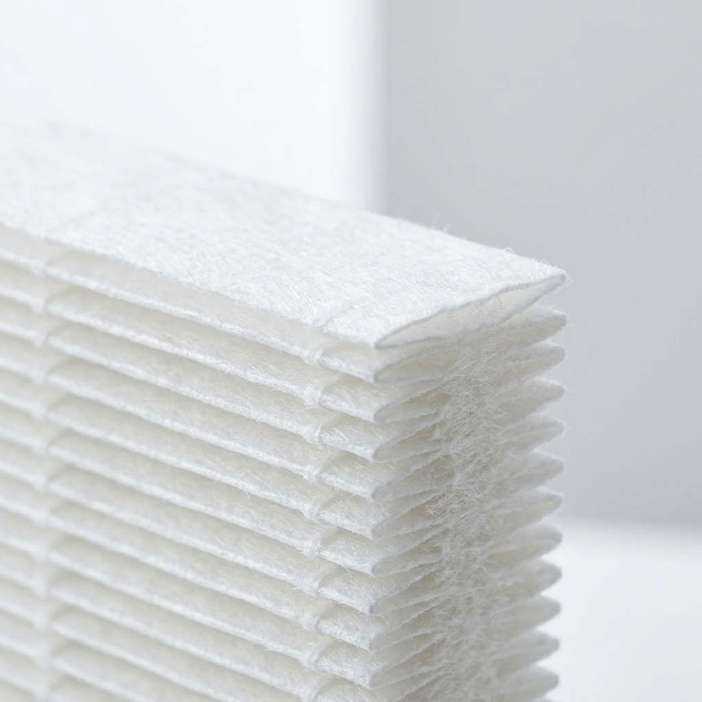 An extreme close-up photograph of the folded pleats of a white HEPA air filter media, showing its dense fibrous texture and construction. The image highlights the material's quality and filtration capabilities.