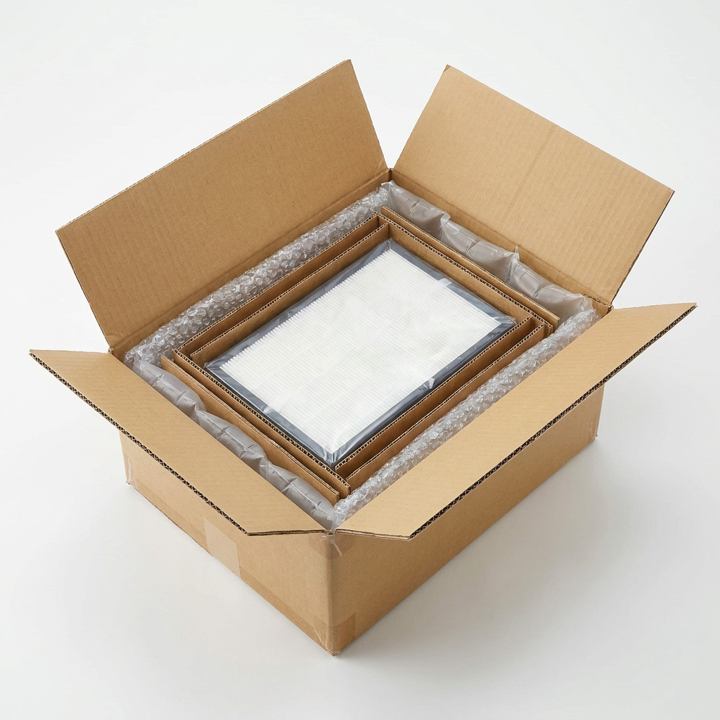 A top-down view of a SHARP FZC150HFU HEPA filter safely packed in a corrugated shipping box with bubble wrap and air pillows.