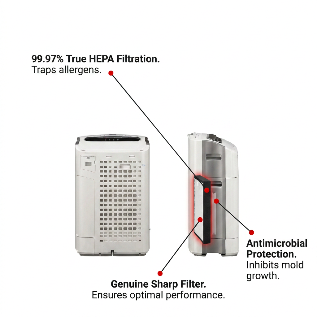 A polished ecommerce feature graphic with a clean white background, highlighting the Sharp KC-860U unit with its HEPA filter. Three clean black pointer lines with red accents connect the filter to concise text: "99.97% True HEPA Filtration. Traps allergens.", "Antimicrobial Protection. Inhibits mold growth.", and "Genuine Sharp Filter. Ensures optimal performance."