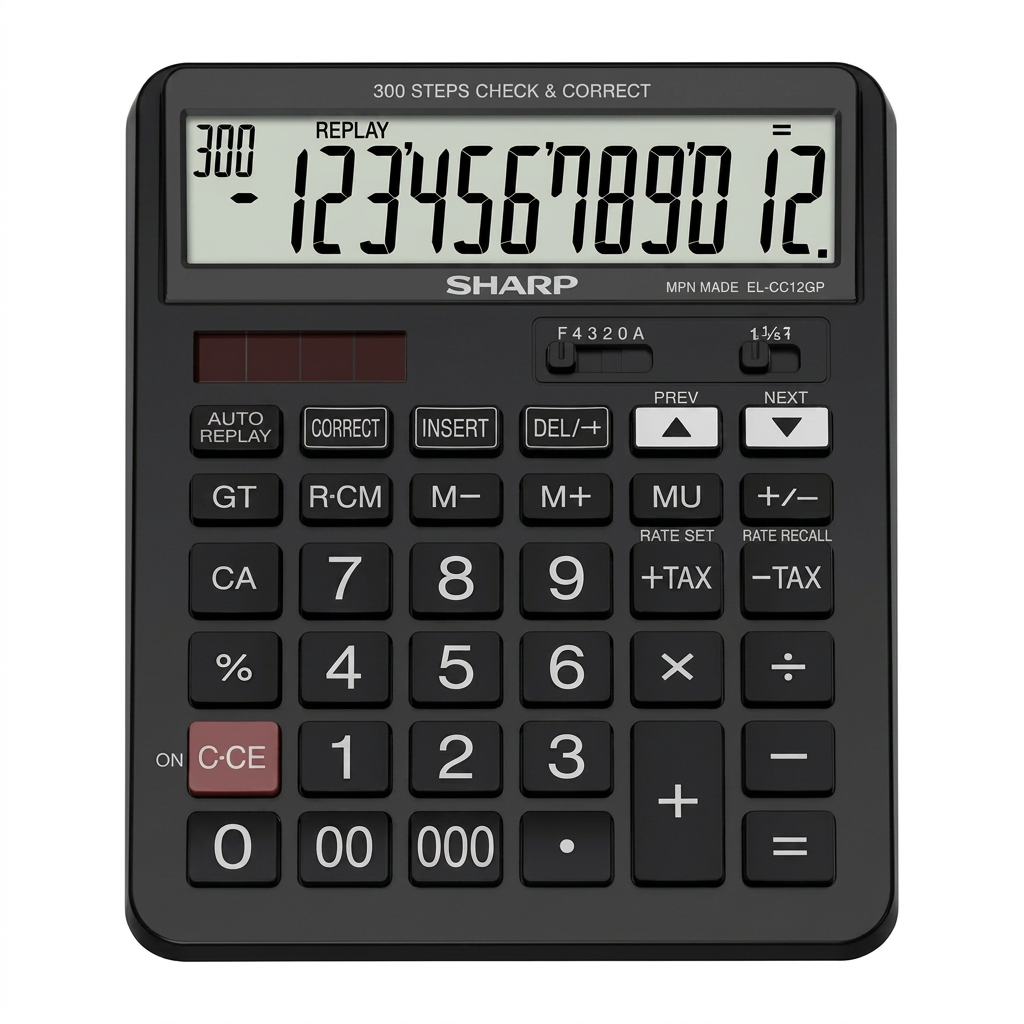 Hero shot of SHARP EL-CC12GP XL calculator with 12-digit display on white.