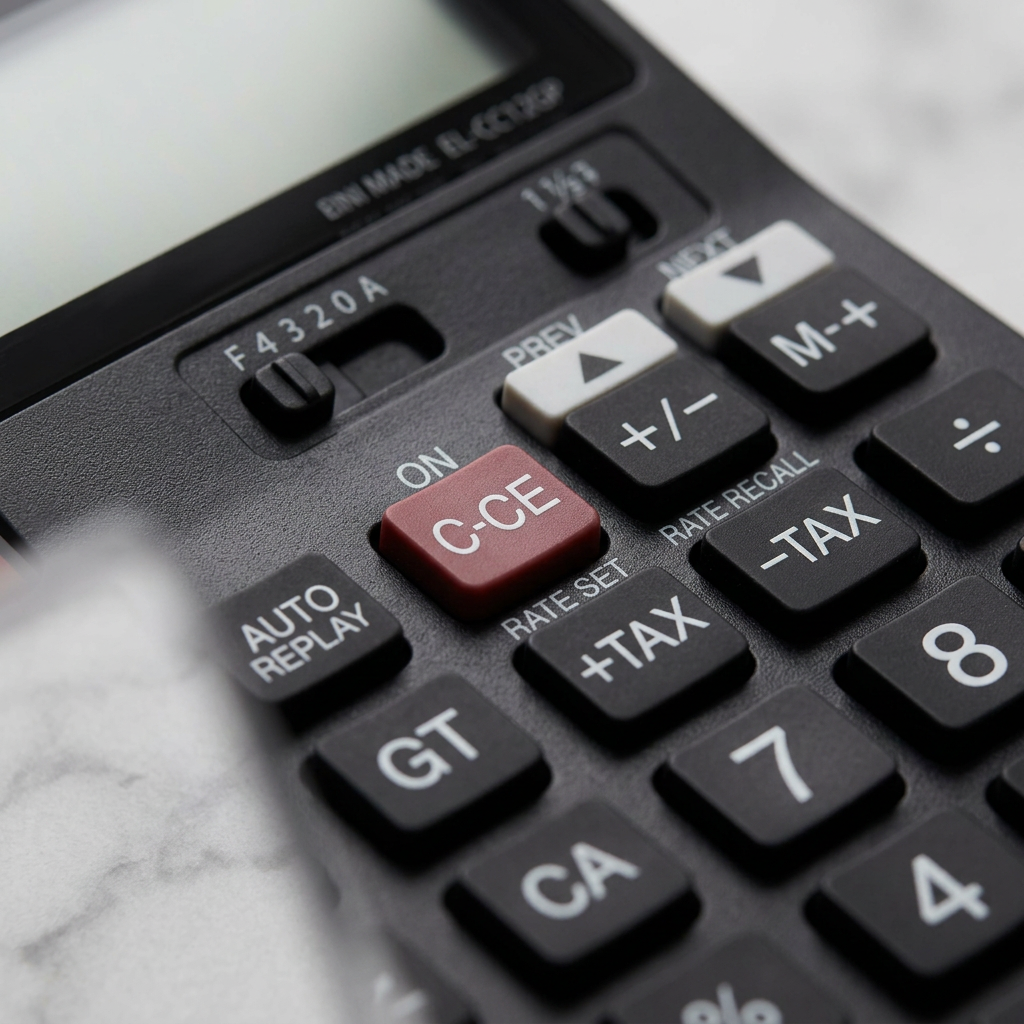 Macro close-up of a Sharp EL-CC12GP calculator's buttons and toggles on a marble table.