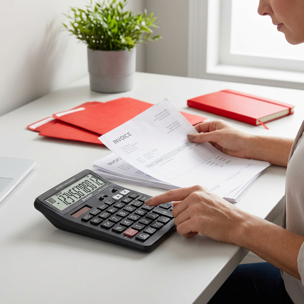 A woman processes invoices with the Sharp EL-CC12GP calculator on a neat, modern office desk.