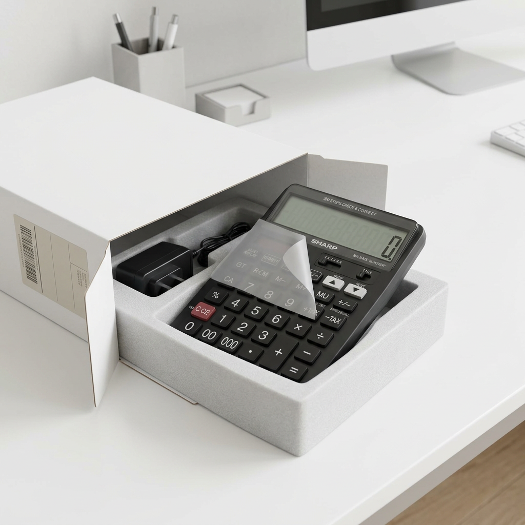 A SHARP EL-CC12GP calculator with protective film being unboxed on a white surface with desk items.