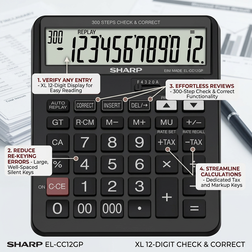A clean product feature graphic for the SHARP EL-CC12GP calculator, showcasing its key features with informative callouts and concise descriptions.