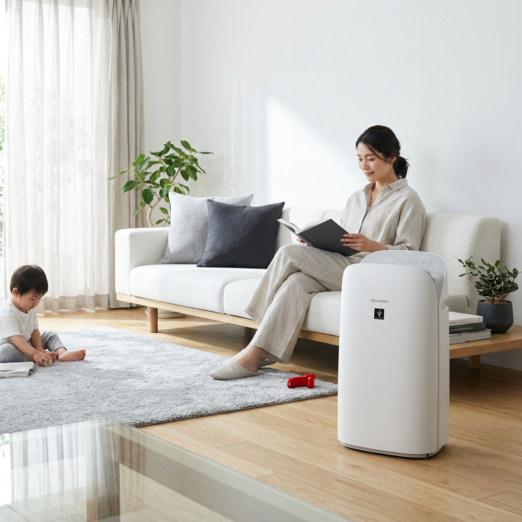 A lifestyle photo showing a Sharp KCP70CW air purifier in a modern, organized bedroom with natural light.