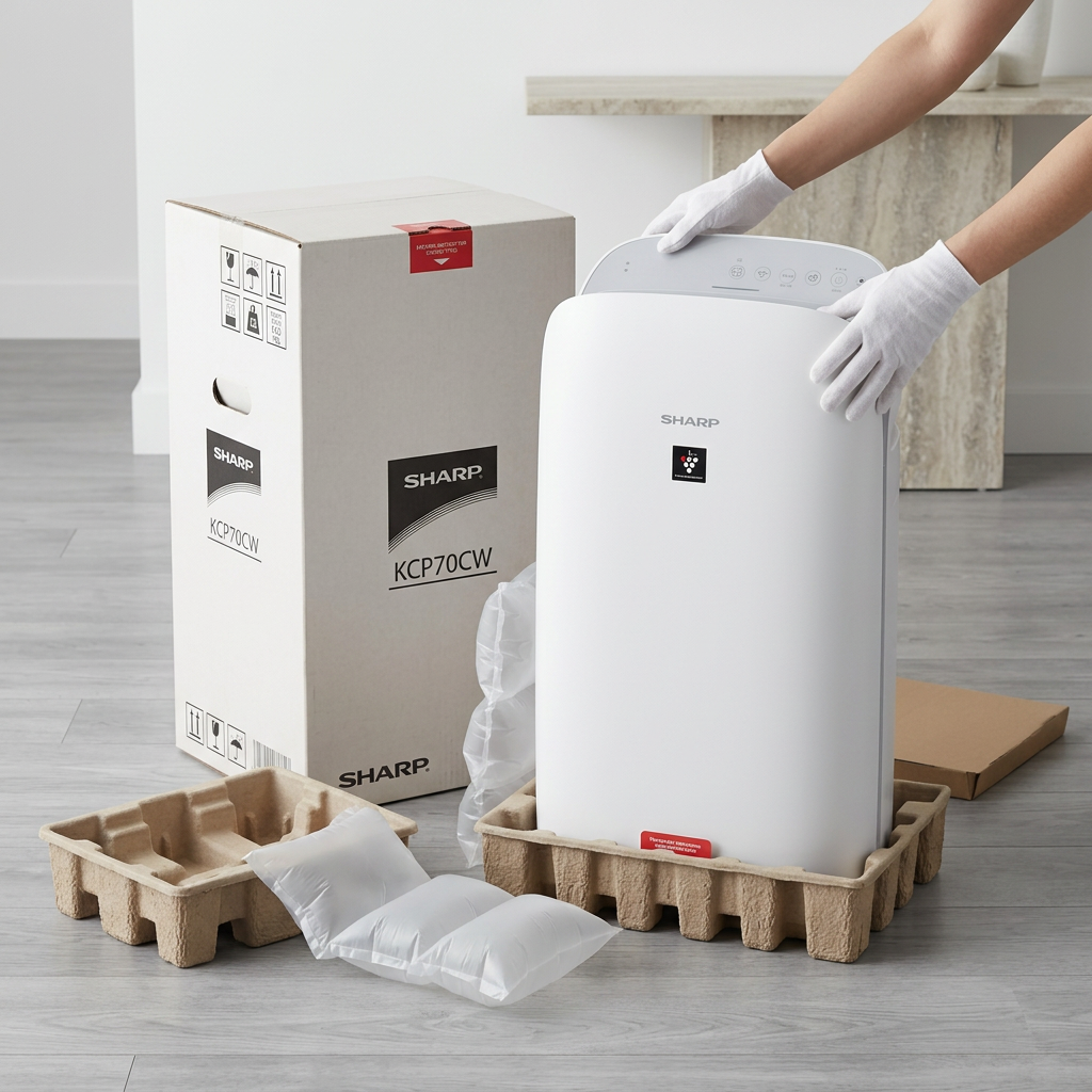 A realistic photo of the Sharp KCP70CW air purifier being unboxed from neutral protective materials in a clean, minimalist setting.
