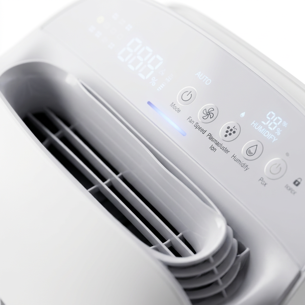 A macro photo captures the detailed control panel of the SHARP KCP70CW air purifier against a pure white background. The intricate touch buttons, subtle icons, and sharp digital display are sharply in focus, highlighted by clean, premium lighting. A shallow depth of field creates a minimal aesthetic, showcasing the precision engineering of the surface.