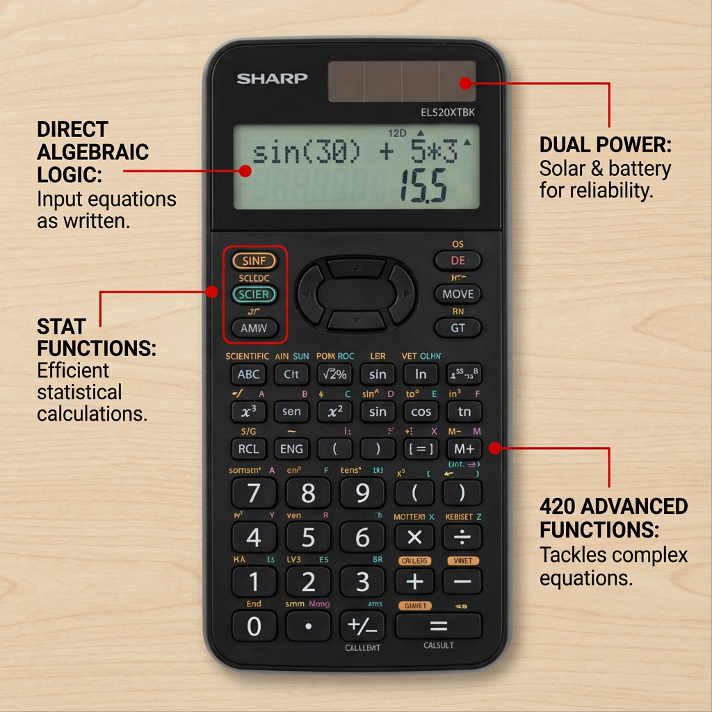 Sharp EL520XTBK operational feature graphic highlighting Direct Algebraic Logic, solar power, and statistics.