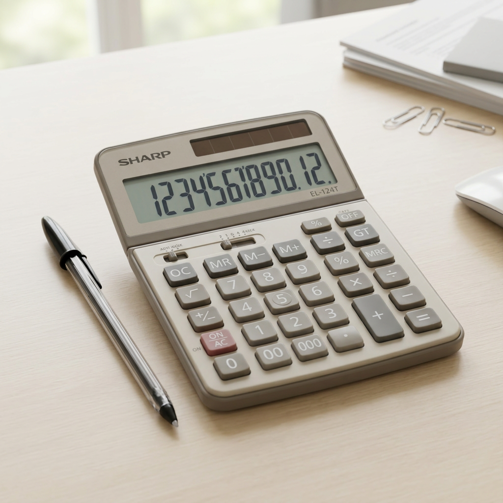 A sleek photo showing the Sharp EL124T desktop calculator next to a legal-format pen to show scale on an office desk.