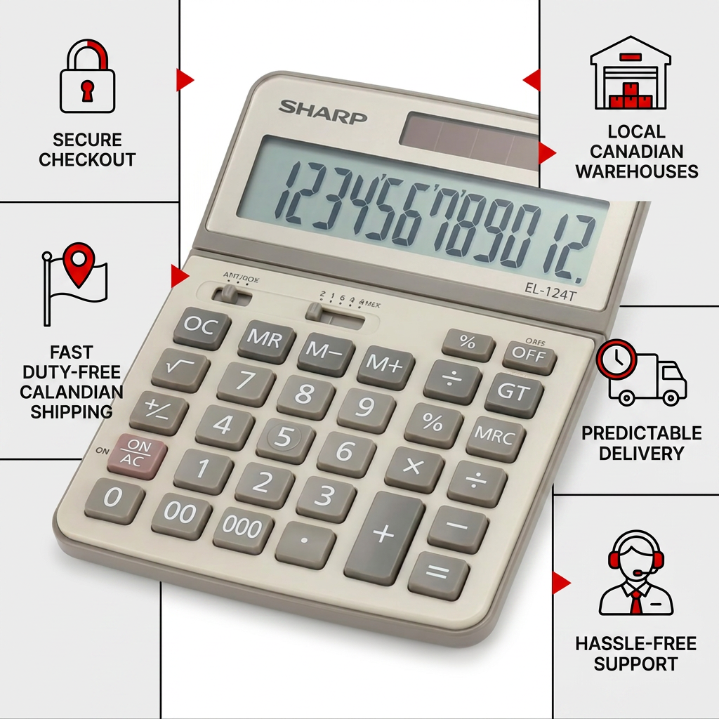 PDP Trust & Authority Infographic for Sharp EL-124T Calculator, showcasing secure and reliable Canadian service.
