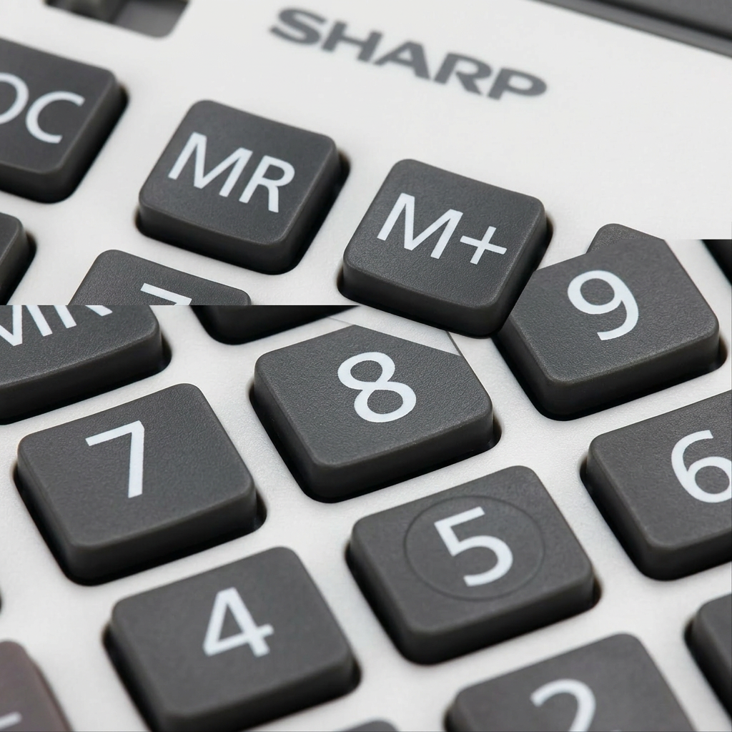 A detailed macro photograph showing the precise key printing and texture of the memory and digit keys.