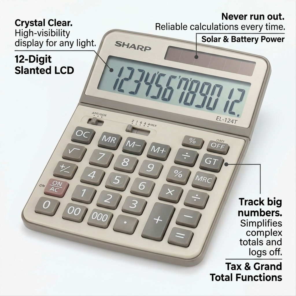 A clean e-commerce feature callout image for the Sharp EL-124T desktop calculator, highlighting key operational features and related benefits.