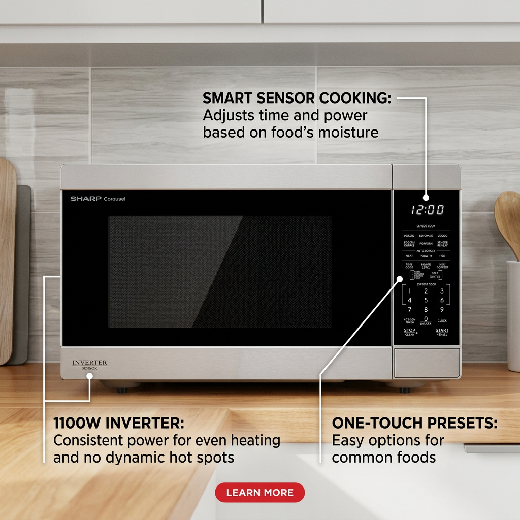 SHARP SMC1664KSC Countertop Microwave infographic showing Smart Sensor cooking and 1100W Inverter even heating callouts.