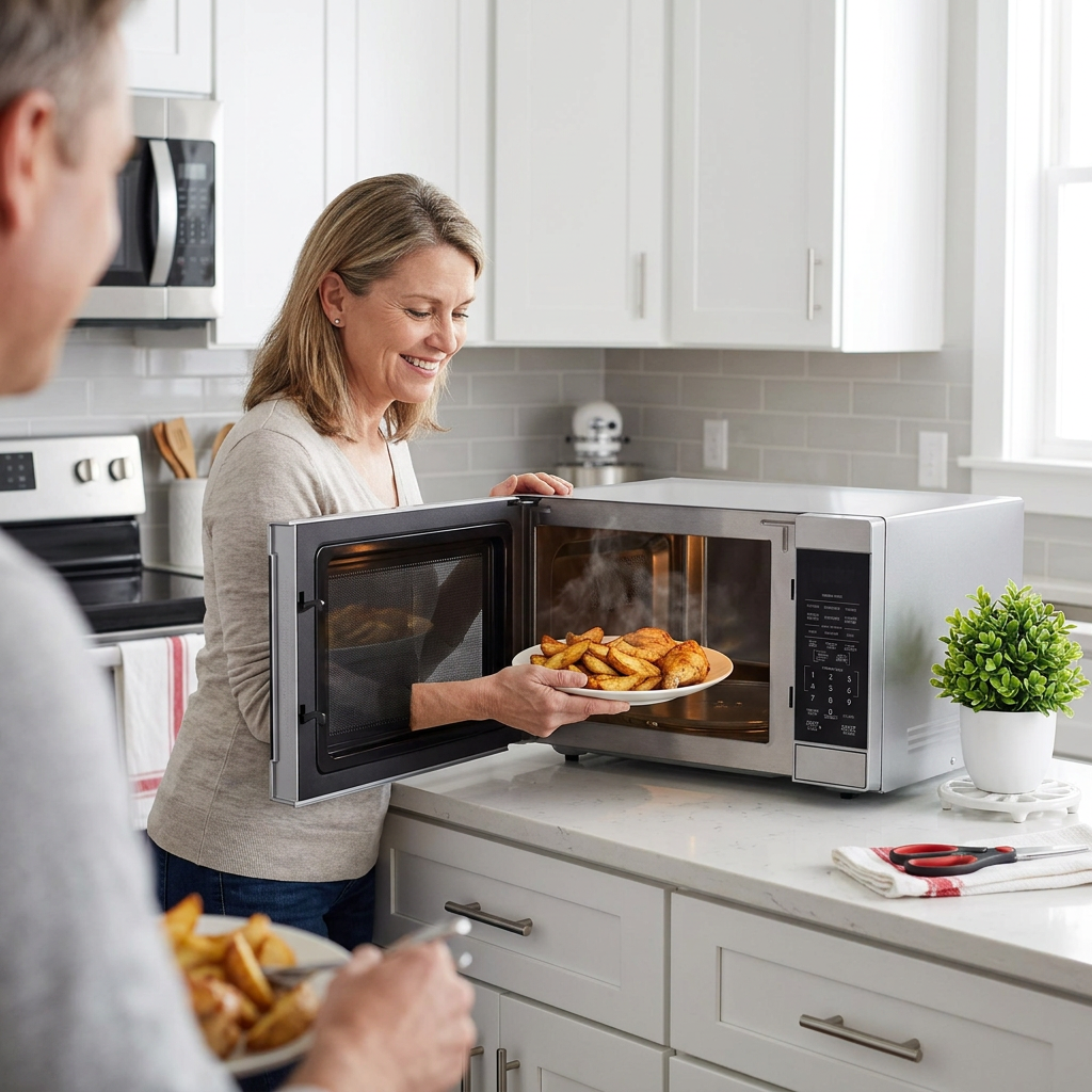 A happy couple in a modern kitchen, with a woman taking steaming roasted potatoes from a SHARP Carousel microwave, referencing image_0.png, which matches perfectly. Red kitchen tools pop against white and light wood. Natural light illuminates the Scene.