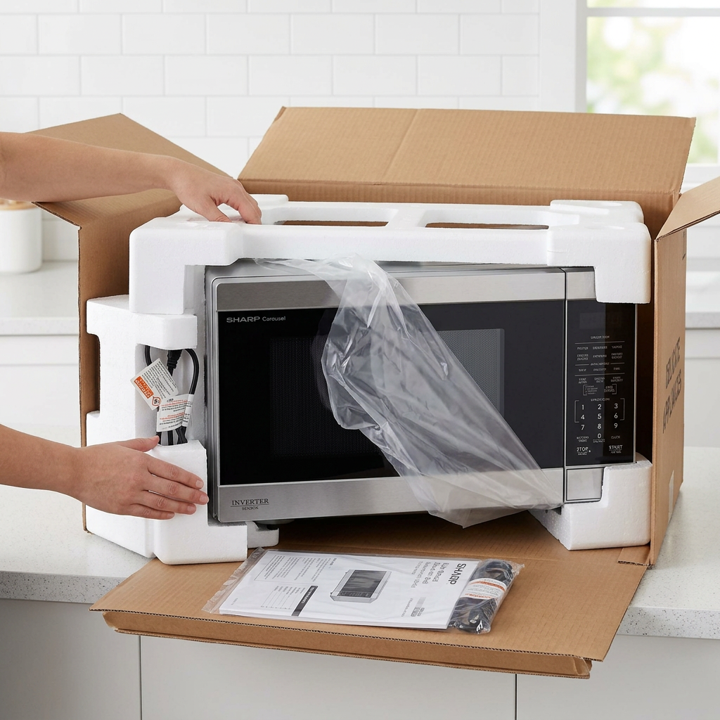 Unboxing confidence visual showing the SHARP SMC1664KSC microwave with protective packaging.