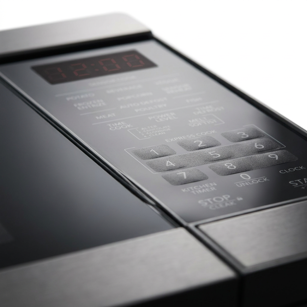 Macro photo detail of Sharp Carousel microwave control panel, showing glass overlay and red illuminated clock.