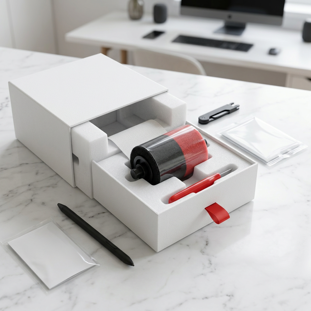 A pristine unboxing of the SHARP EA781RBK ink roller on white marble.