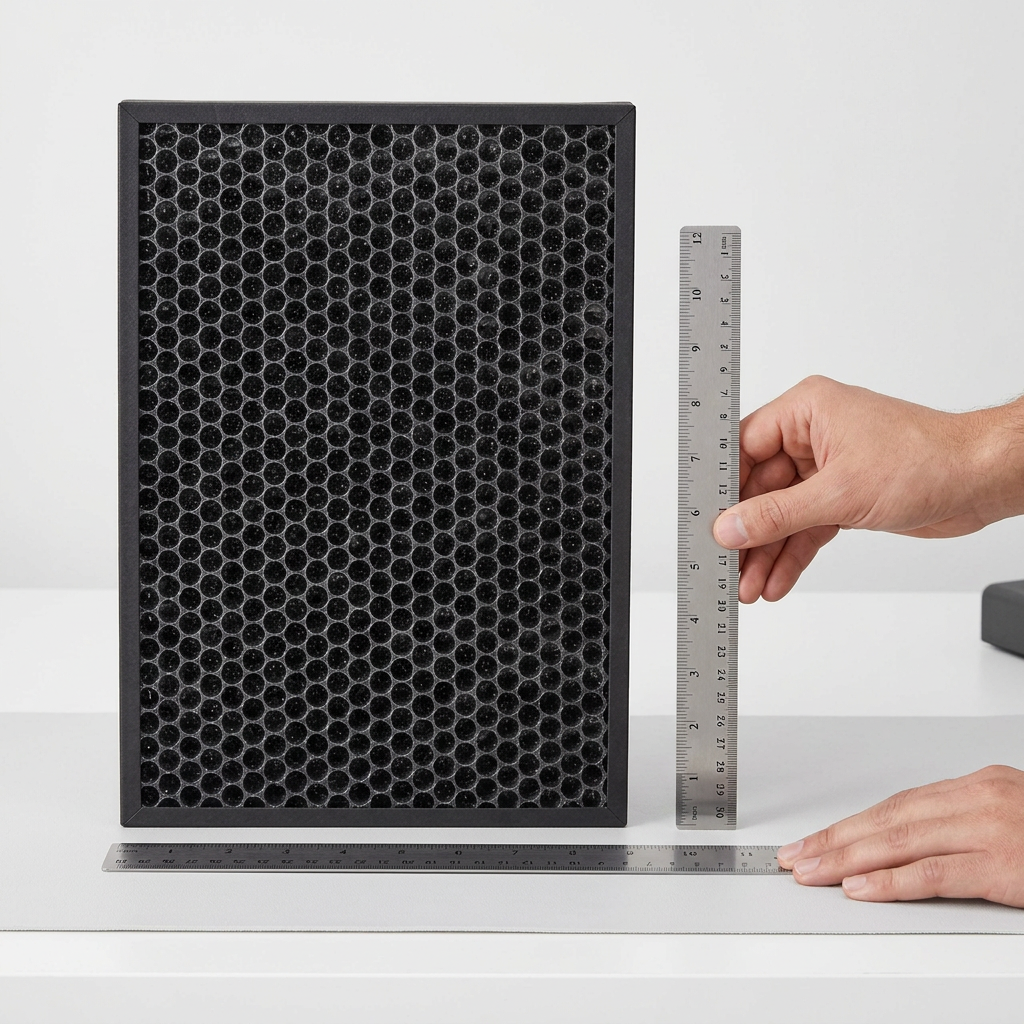 A photograph uses rulers and human hands to demonstrate the scale of the black carbon filter.