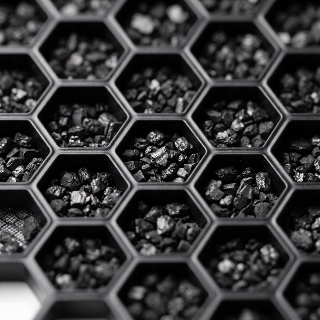 A detailed macro photograph showing the carbon granule-filled honeycomb cells of the Sharp air filter.