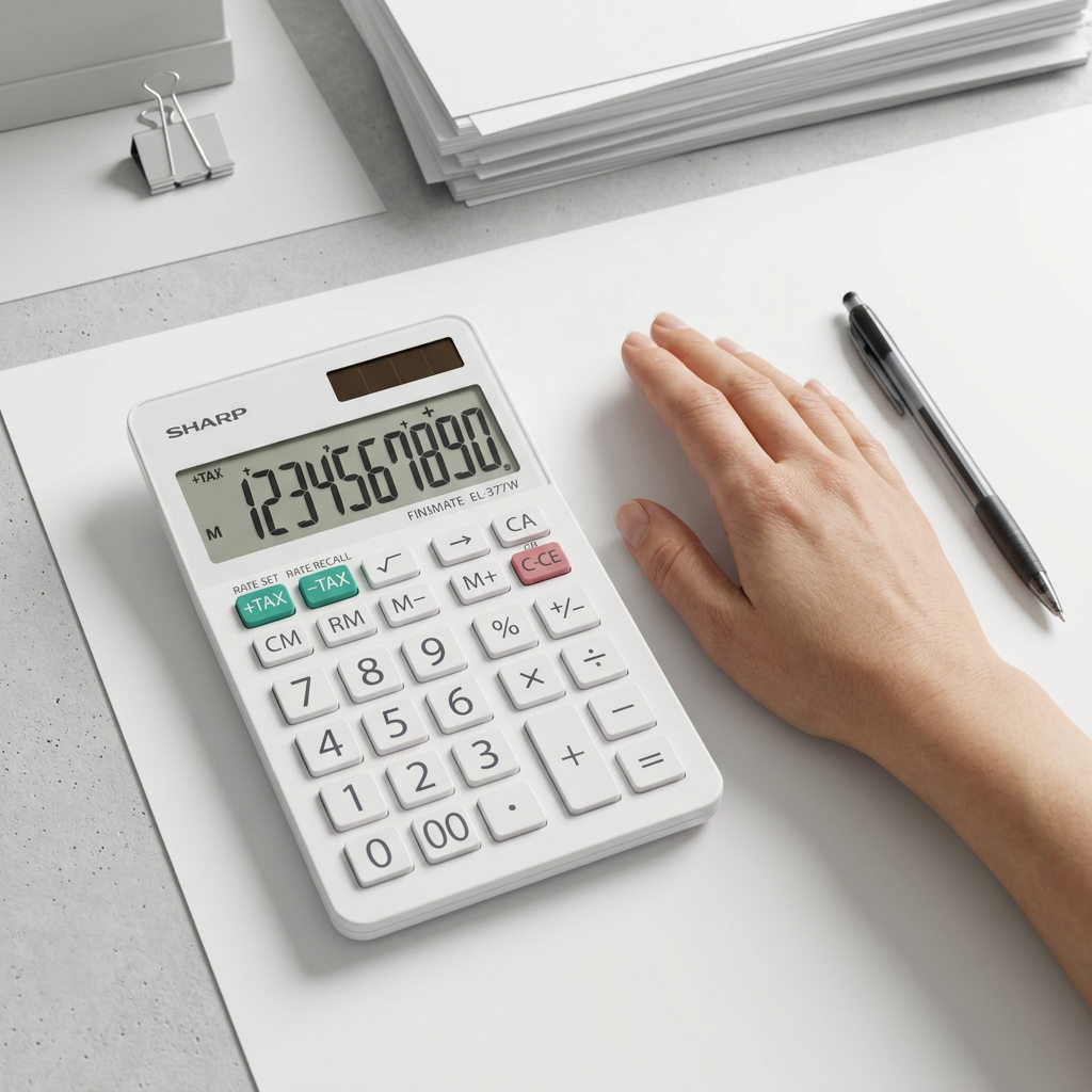 A close-up photograph of a white SHARP EL377W calculator on a clean white desk next to a realistic human hand holding a standard, dark-barreled pen.