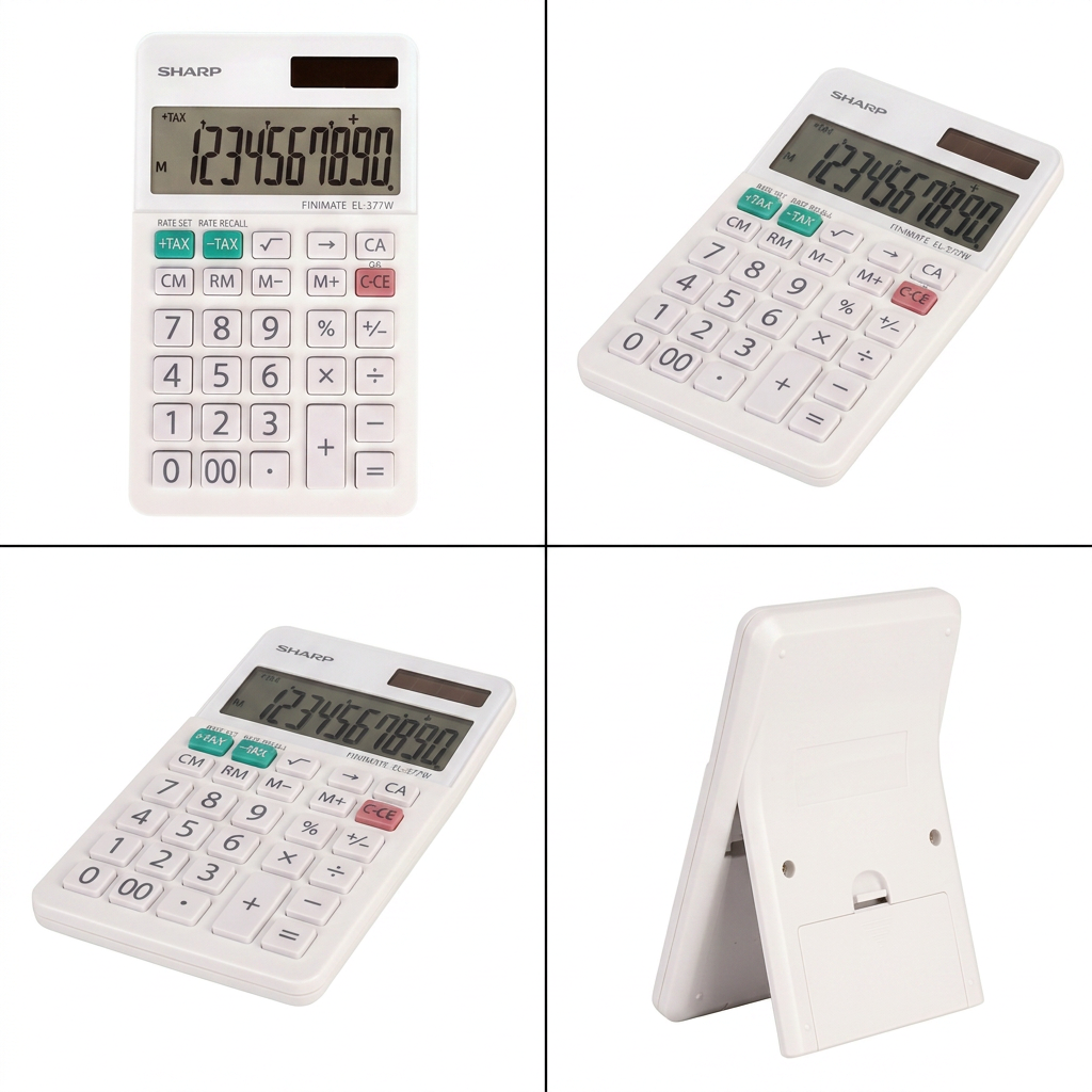 A four-corner grid displaying the Sharp EL377W calculator from various angles against a white backdrop.