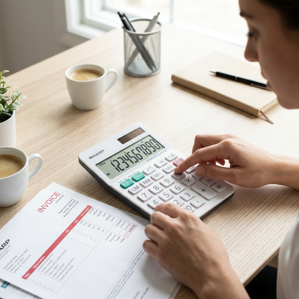 A genuine product photo of the SHARP EL377W calculator on a busy home accountant's desk, demonstrating trusted use.