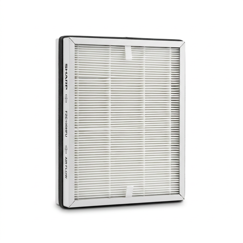 High-resolution hero shot of SHARP FZC100HFU True HEPA filter, centered on white background.
