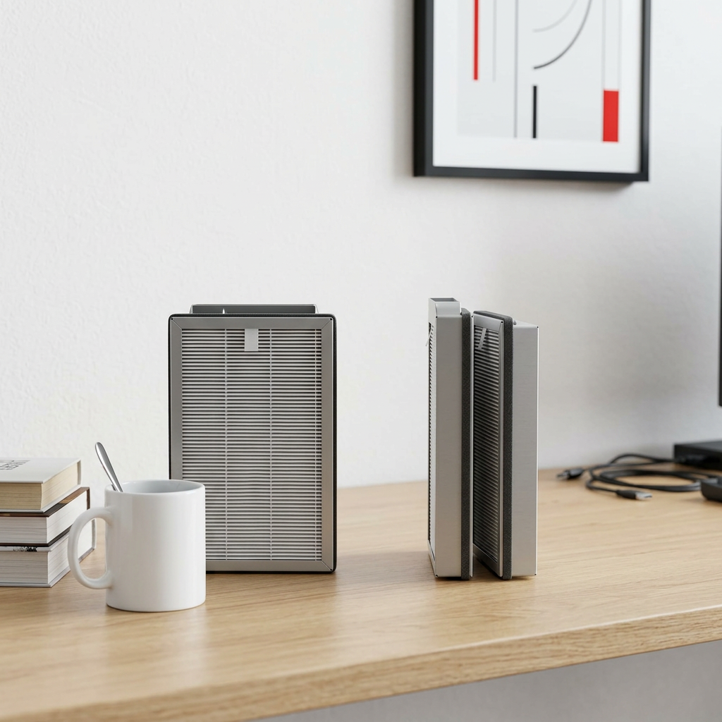 A photograph of the SHARP True HEPA replacement filter placed on a clean white desk next to a contemporary coffee mug, providing a clear reference for the product's true size and scale.